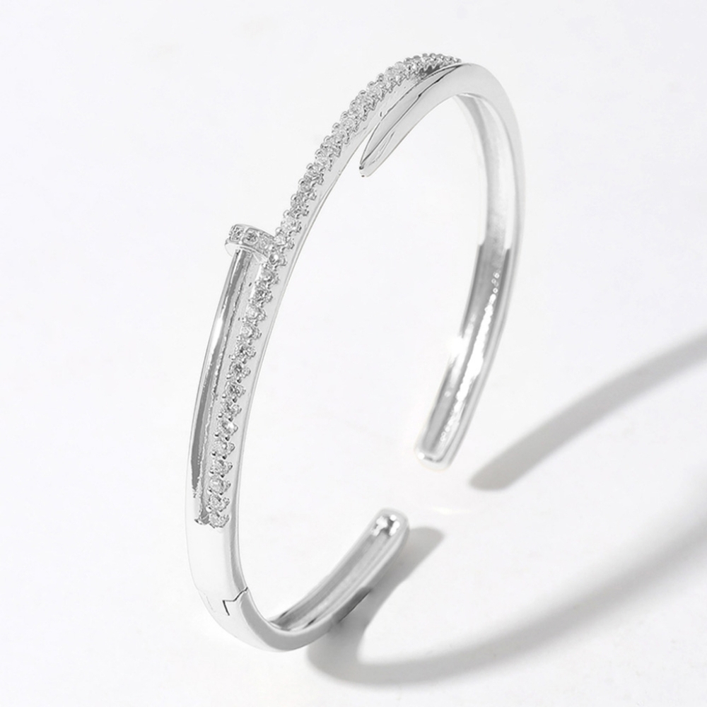 Silver CZ Rhinestone Nail Head Screw Shaped Cuff Bracelet Paved Bangle Statement